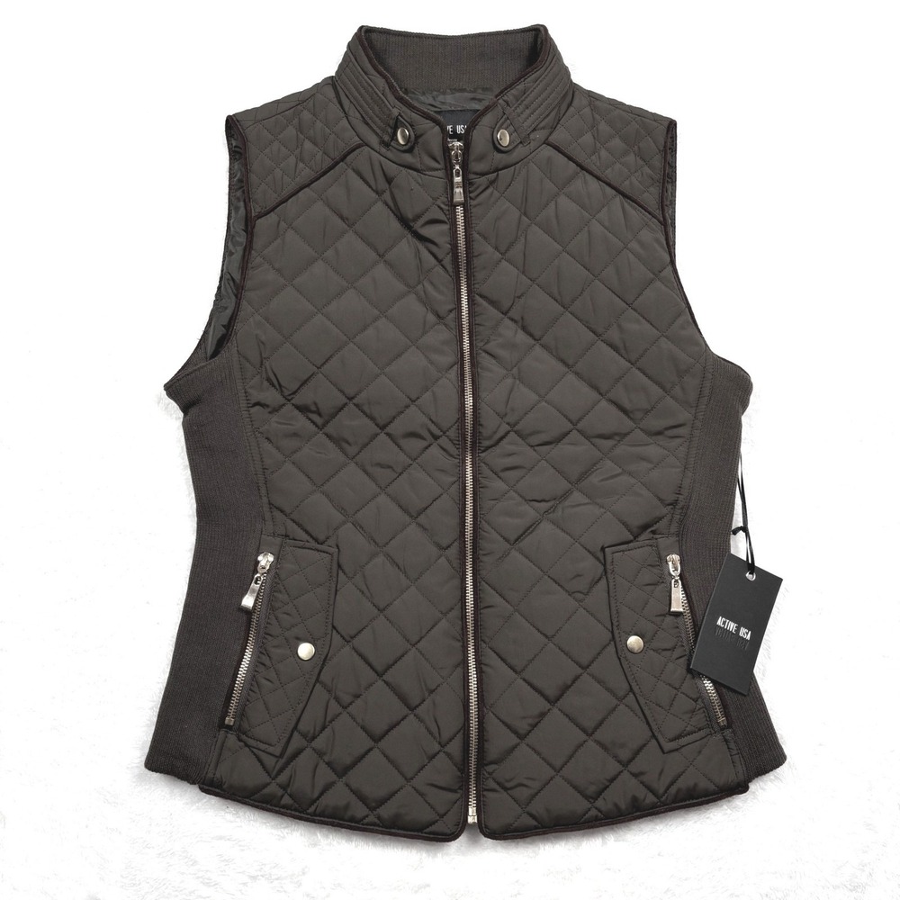 NEW Quilted Padded Vest Women M Dark Olive Green Gold Zip Pockets Mock Neck Gift